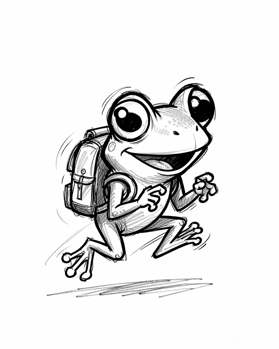 A tiny frog wearing a tiny backpack.