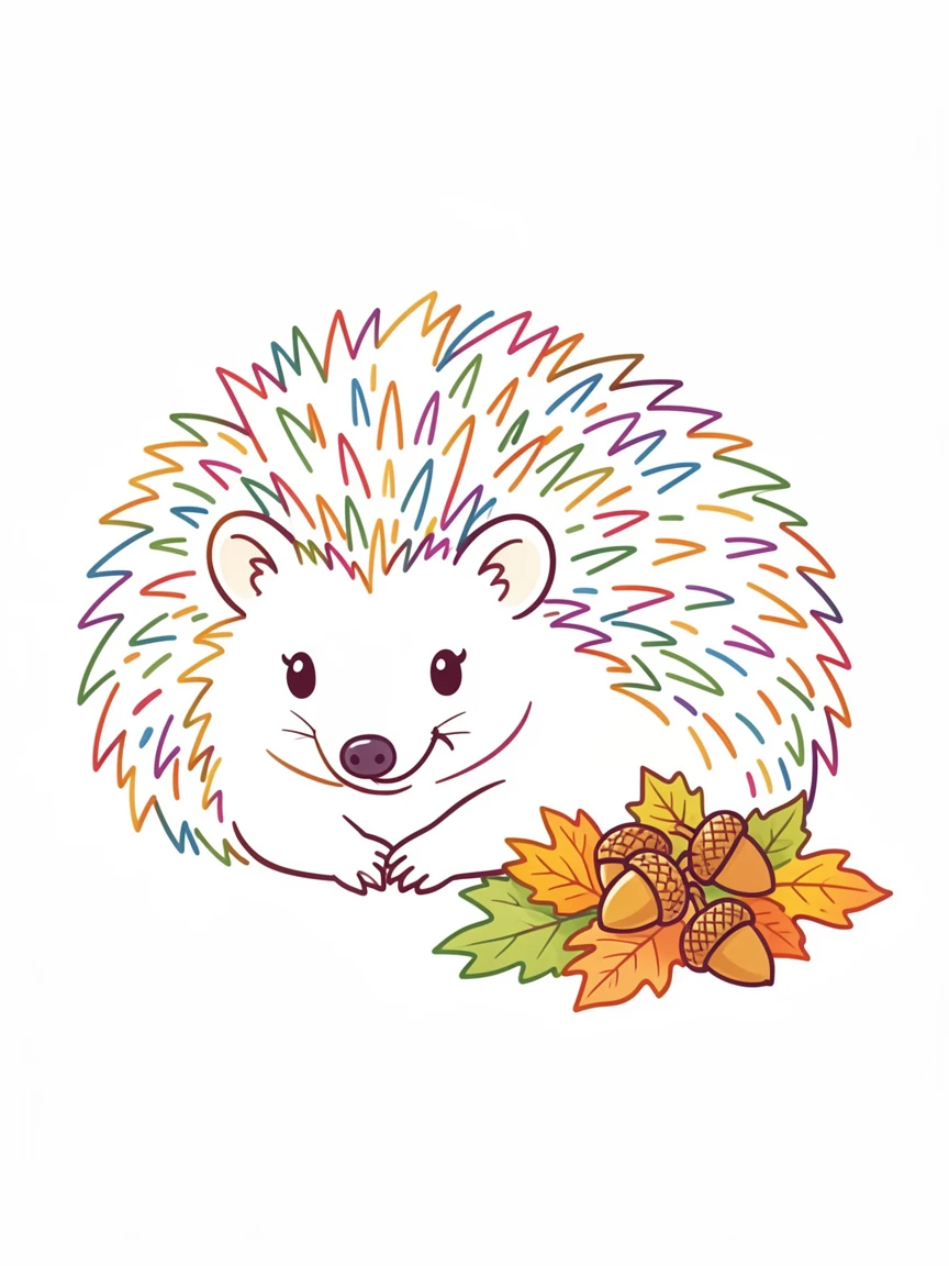 A hedgehog curled beside a small pile of autumn leaves and acorns, nose twitching, tiny paws tucked under its chin.