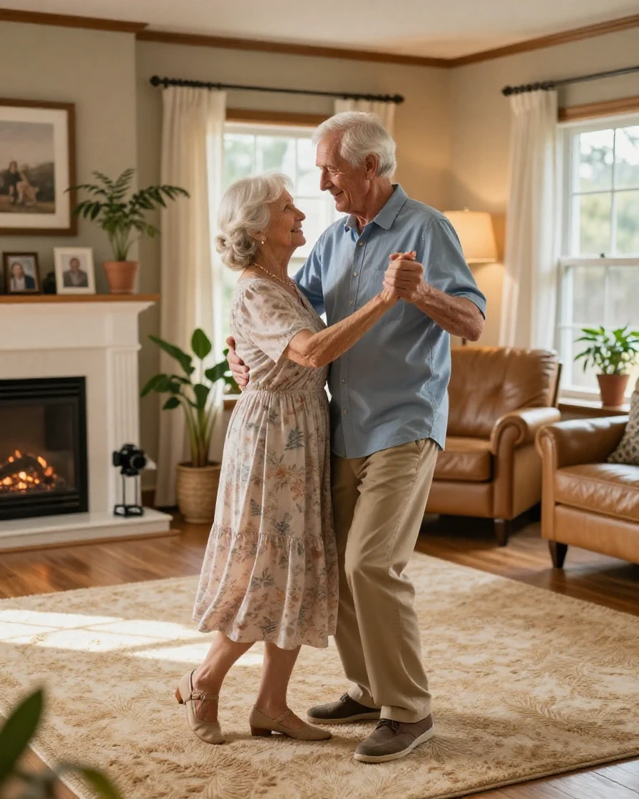 An elderly couple dancing slowly in their living room