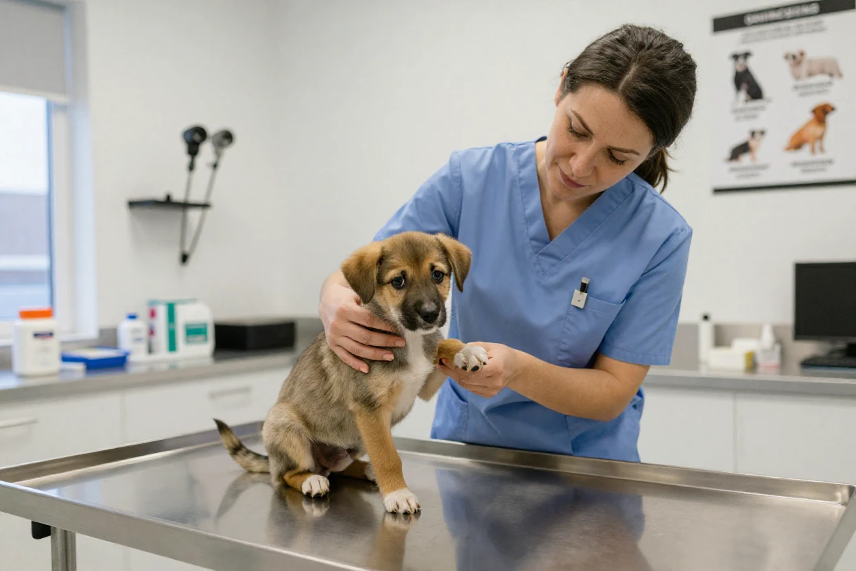 A veterinarian examines a nervous puppy on a stainless steel exam table.