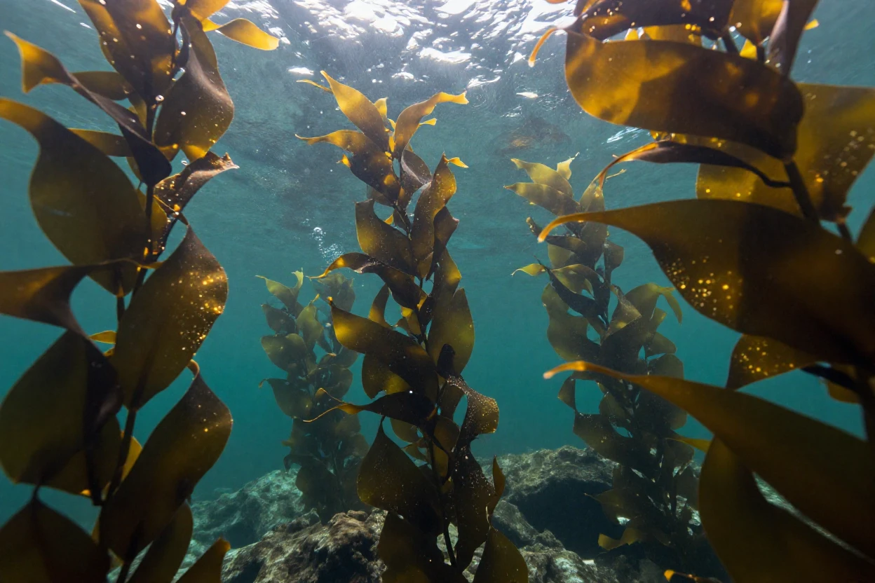 A kelp forest swaying in the current drifting quietly in the dappled light of a kelp forest