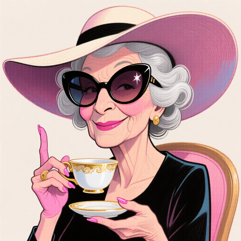 A glamorous older woman in a wide-brimmed hat and oversized sunglasses, sipping tea with her pinky finger raised.