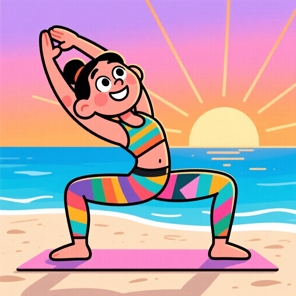 A charming portrait of a energetic yoga instructor mid-pose on a beach at sunrise, serene smile, flexible limbs bent gracefully.
