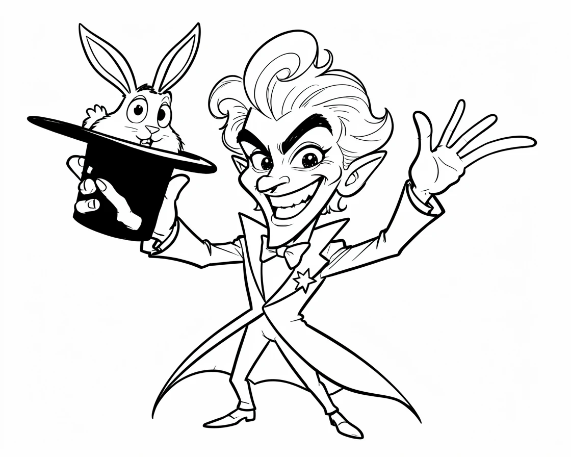 [People Portraits & Characters] Portrait of a flamboyant magician pulling a rabbit out of a top hat with a dramatic flourish, full of personality and charm