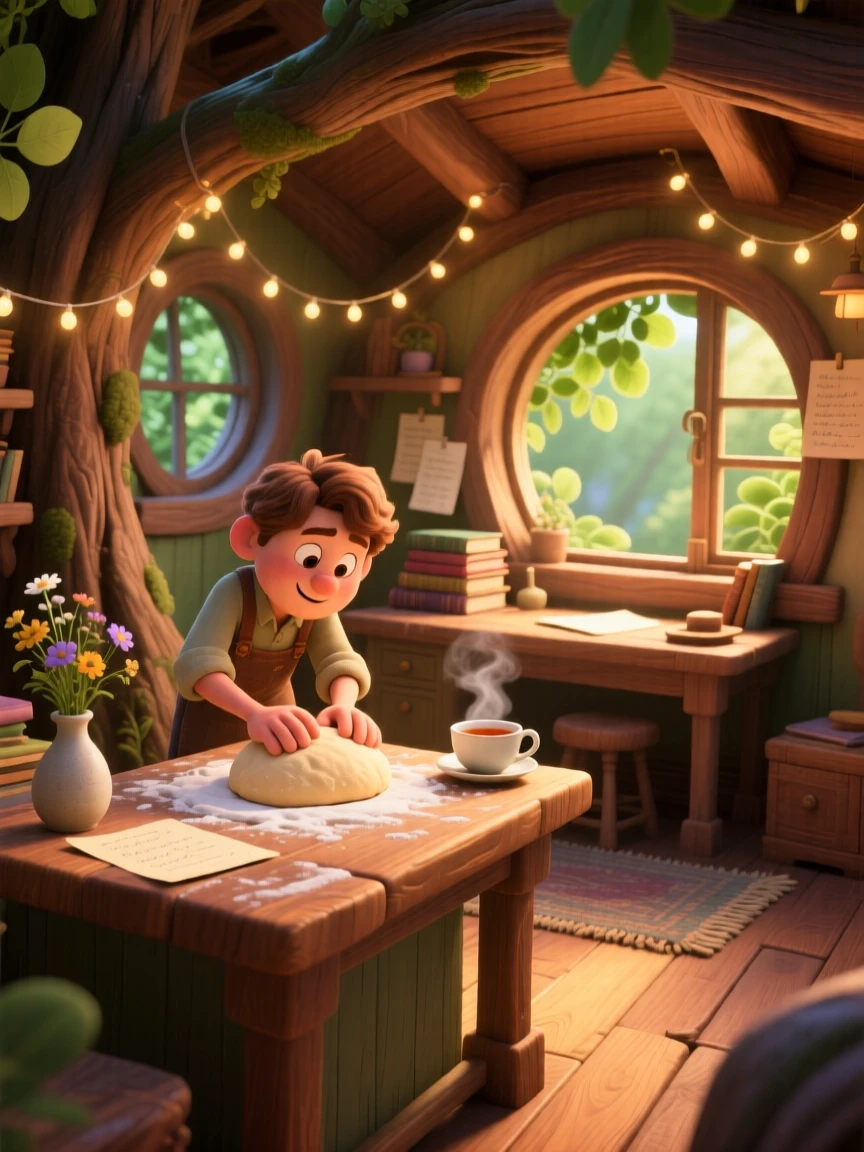 A writer sipping tea at a wooden desk sits inside a treehouse strung with twinkling lights, kneading dough on a floured counter. The atmosphere is warm, unhurried, and peaceful, with soft golden light spilling across the floor.