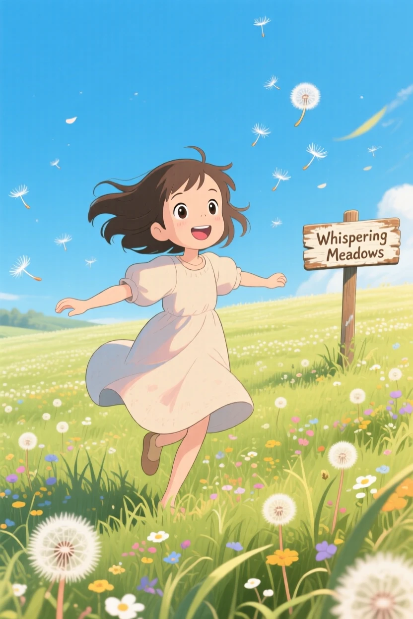 A girl twirling in a field of dandelions, the moment carefree and joyful.