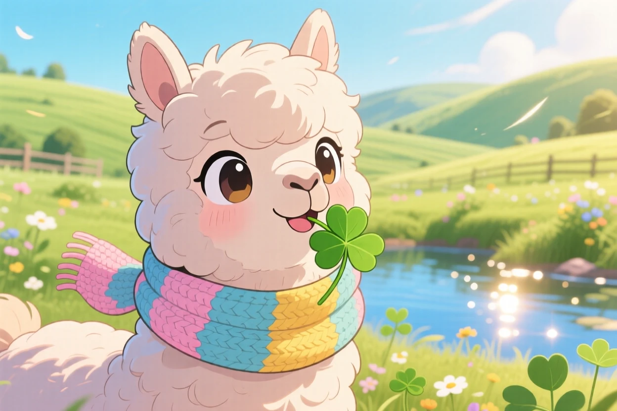 A fluffy alpaca wearing a knitted scarf and munching on clover, framed as a close-up portrait within a rolling green hillside farm, during a light summer breeze, glowing under shimmering reflected light off water, evoking eager anticipation.