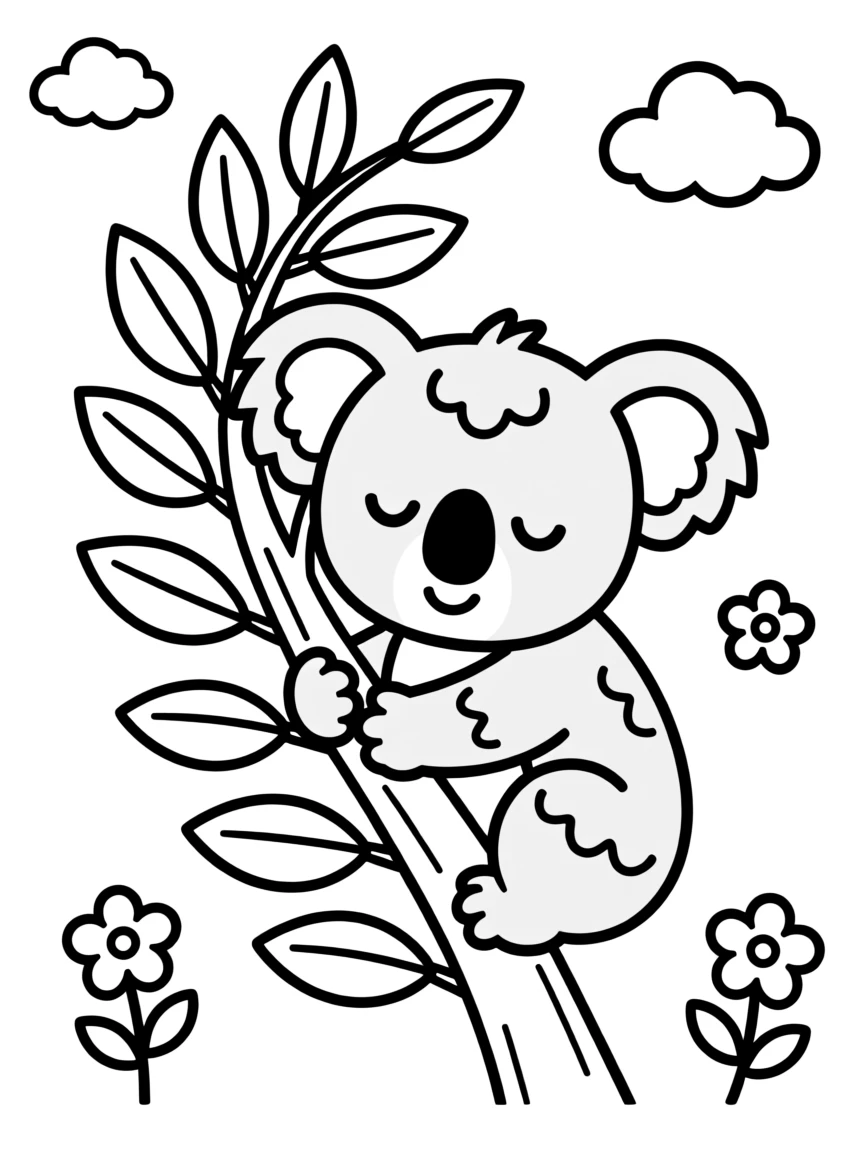 A koala hugging a eucalyptus branch with a sleepy smile