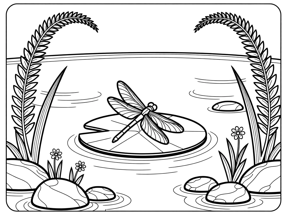 A dragonfly resting on a lily pad, surrounded by tall ferns and moss-covered stones.