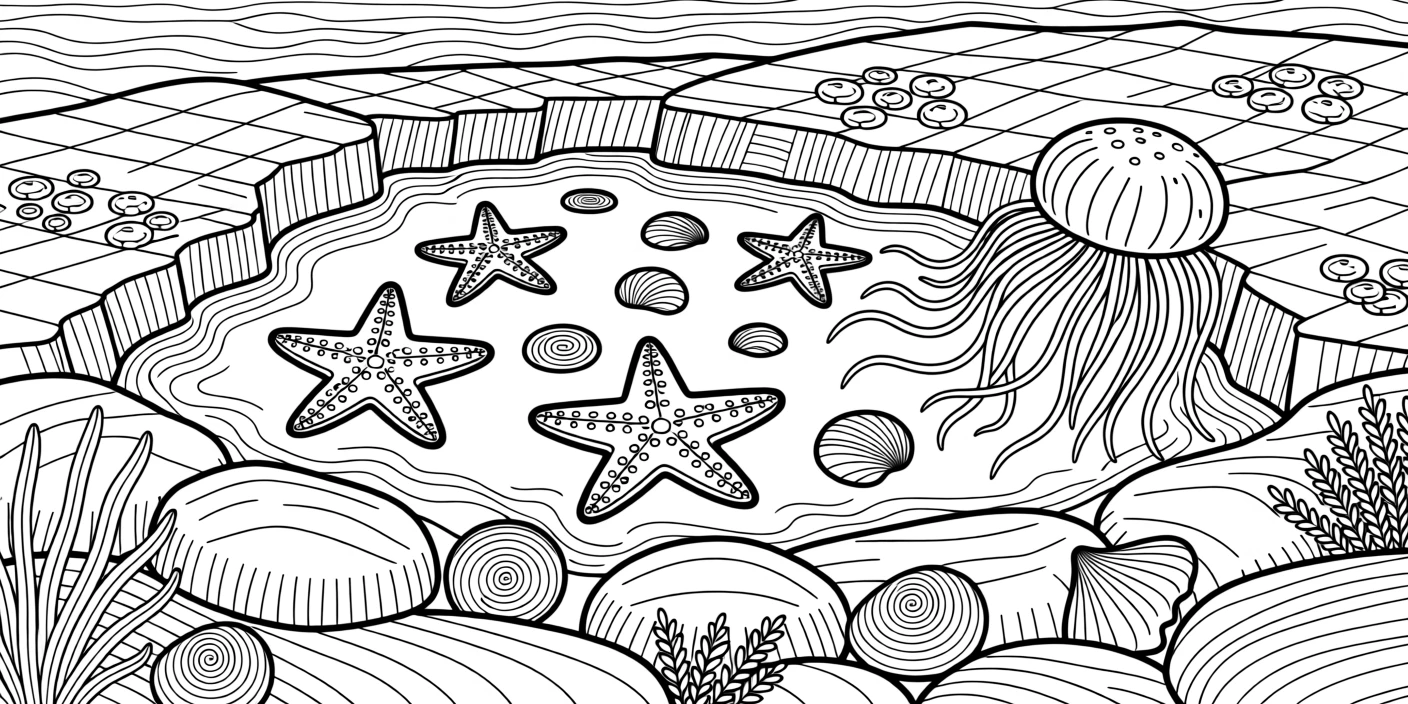 A tide pool at low tide revealing starfish, anemones, and smooth stones.