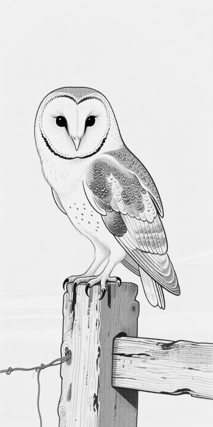 A barn owl perched on a weathered fence post at dusk