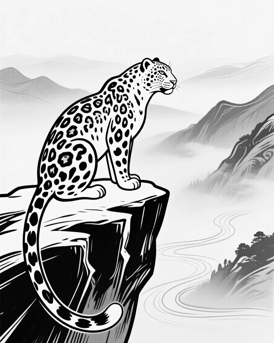A snow leopard perched on a rocky cliff edge overlooking a misty mountain valley.