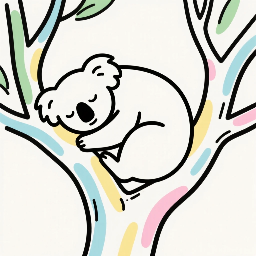 A koala curled up asleep in the fork of a eucalyptus tree.