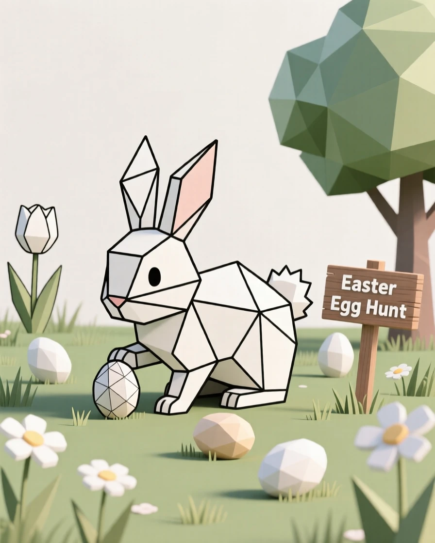 An Easter bunny hiding eggs in a spring garden