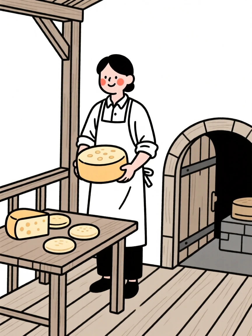 A cheesemaker in a rustic cellar on a rustic wooden porch.