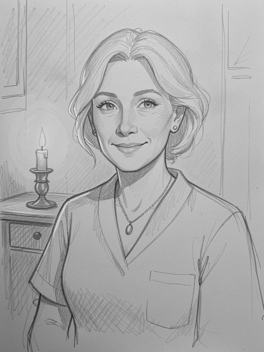 A tender portrait of a kind-eyed nurse, adorned with delicate jewelry, in a candlelit room.