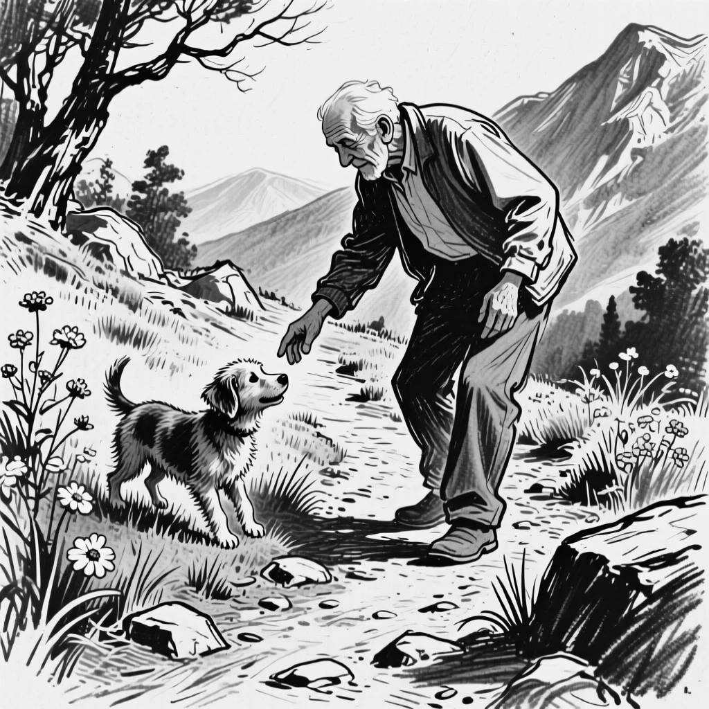 A grandfather playing with a puppy in the garden, on a mountain trail.