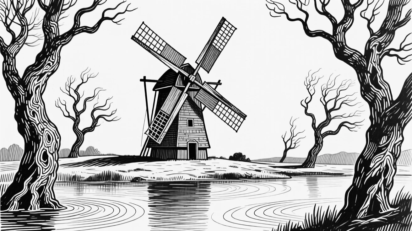 A lone windmill framed by twisted old trees, with ripples spreading across still water, evoking a calm and meditative atmosphere in a wide, balanced composition.