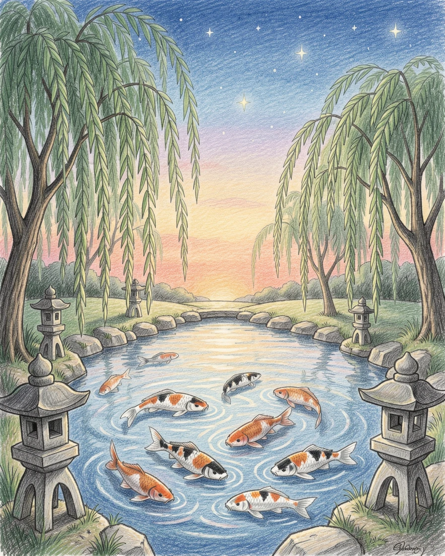 A tranquil koi pond bordered by weeping willows and stone lanterns, beneath a sky scattered with early evening stars, evoking a deep sense of peace and quiet wonder.