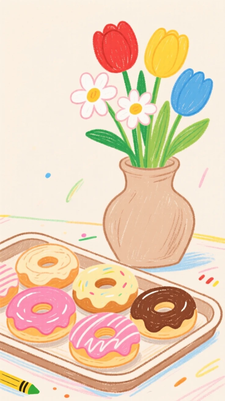 A tray of glazed donuts set beside a vase of fresh flowers.