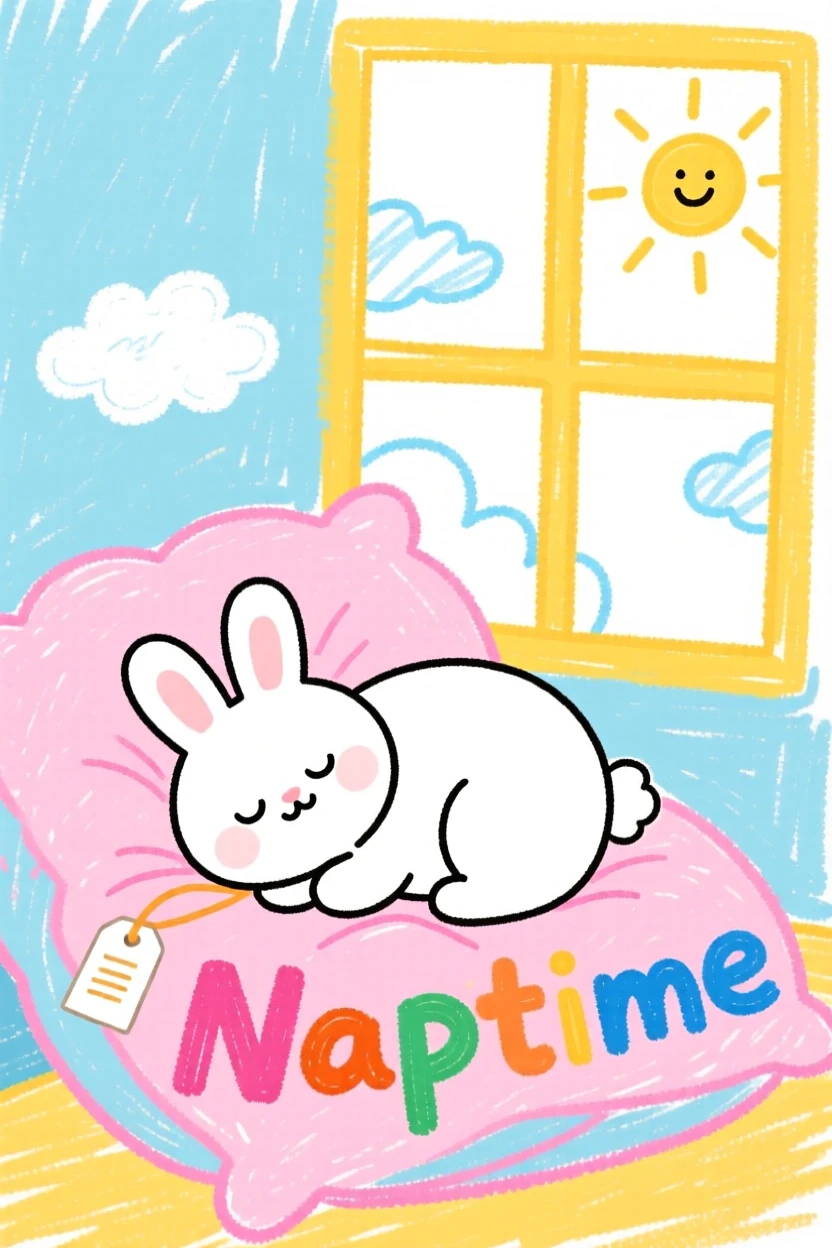 A small white rabbit curled up asleep on a soft cushion by the window.