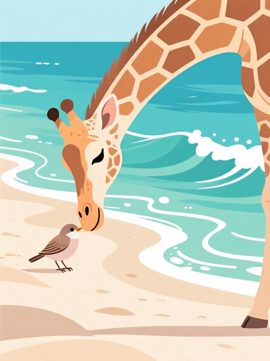 A gentle giraffe bending down to nuzzle a small bird, positioned along a sandy beach with gentle turquoise waves, captured mid-motion with a dynamic diagonal composition, with a sense of playful curiosity captured perfectly.