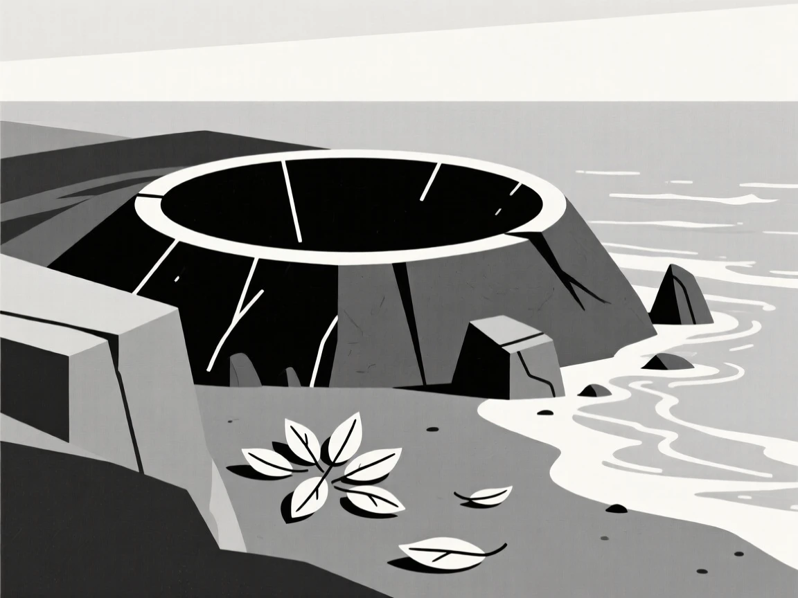 A volcanic crater, standing at the edge of a rocky coastline, with a scattering of fallen leaves nearby, evokes quiet wonder.