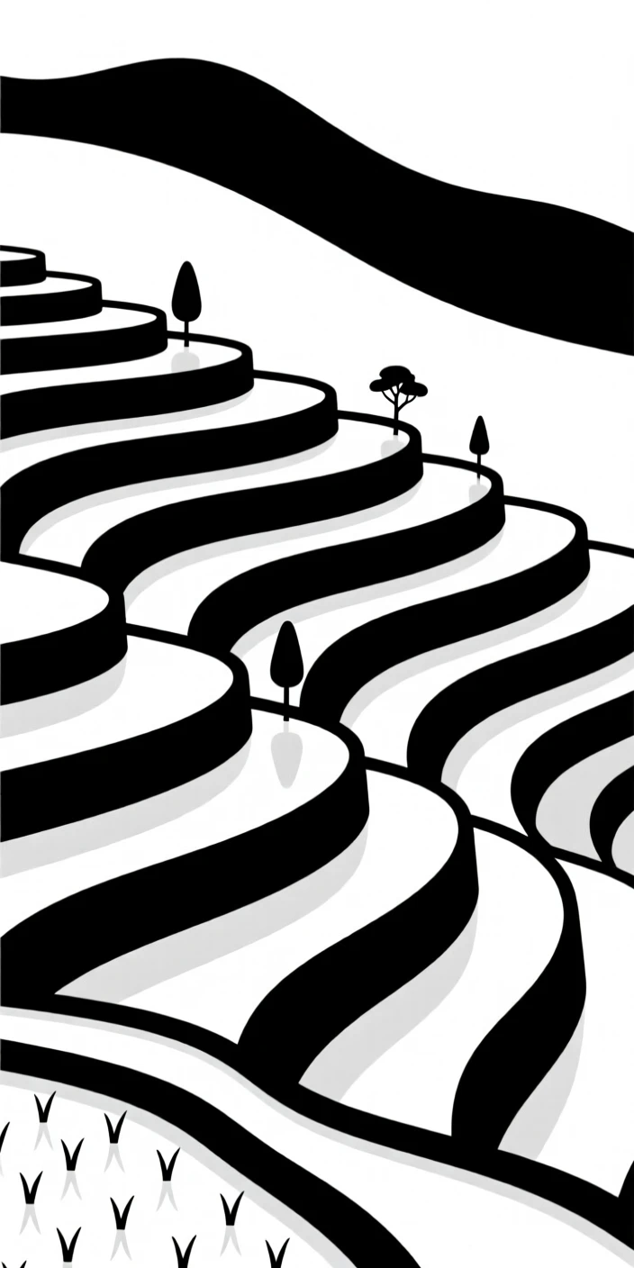 Terraced rice fields climbing a mountainside.