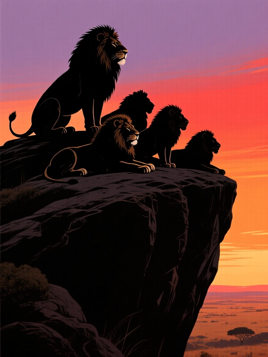 A lion pride resting together atop a sun-baked rock outcrop, the pride leader gazing out over the plains.