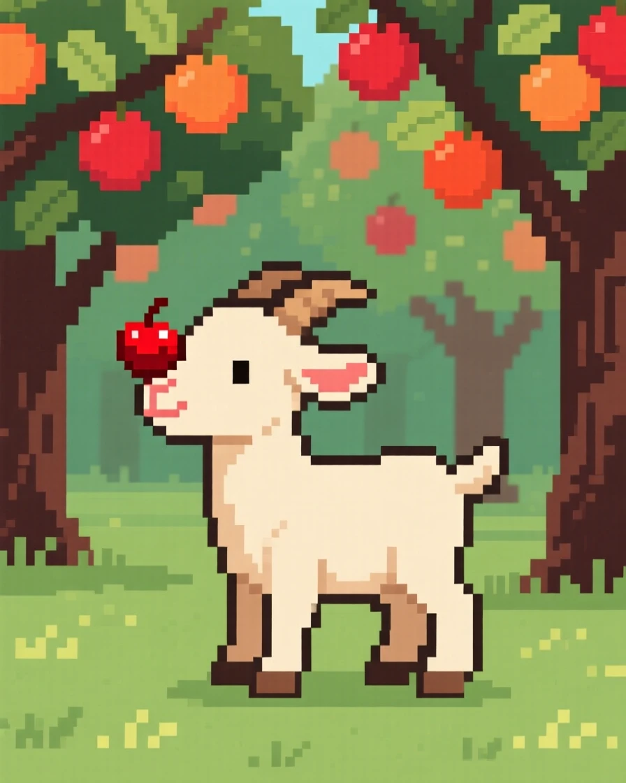 A baby goat balancing a single berry on its nose, in an orchard heavy with ripe fruit.