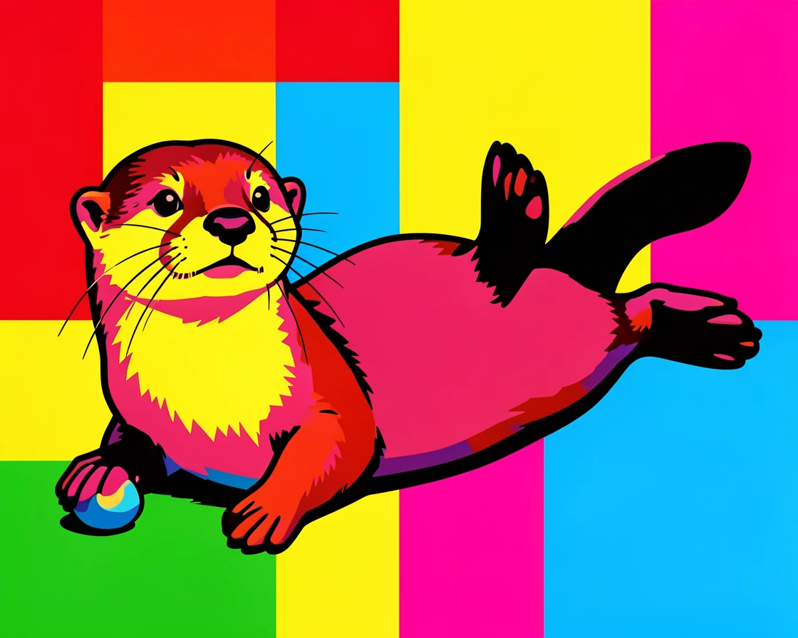 Playful otter floating on its back holding a small stone