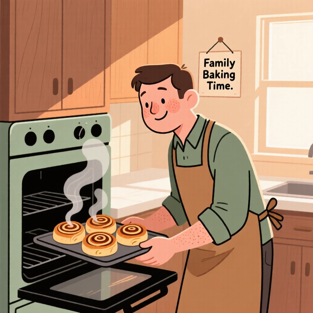 A father pulls a tray of cinnamon rolls from the oven in a cozy home kitchen, steam rising as sunlight streams through the window.