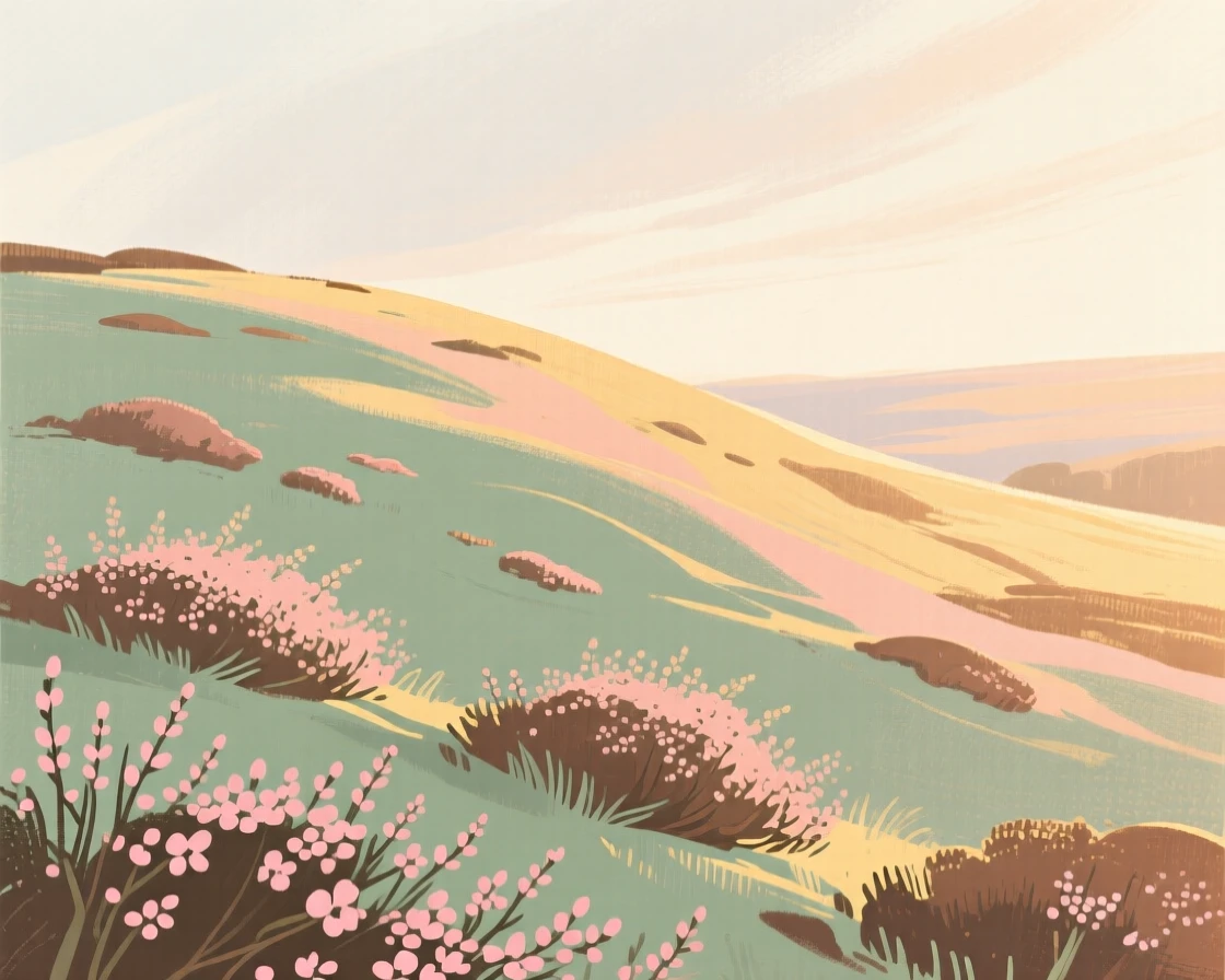 A hillside covered in blooming heather under a soft sky