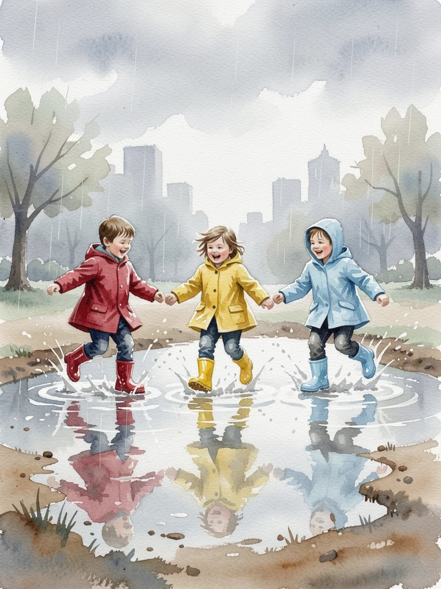 Kids splashing through puddles in colorful rain boots.