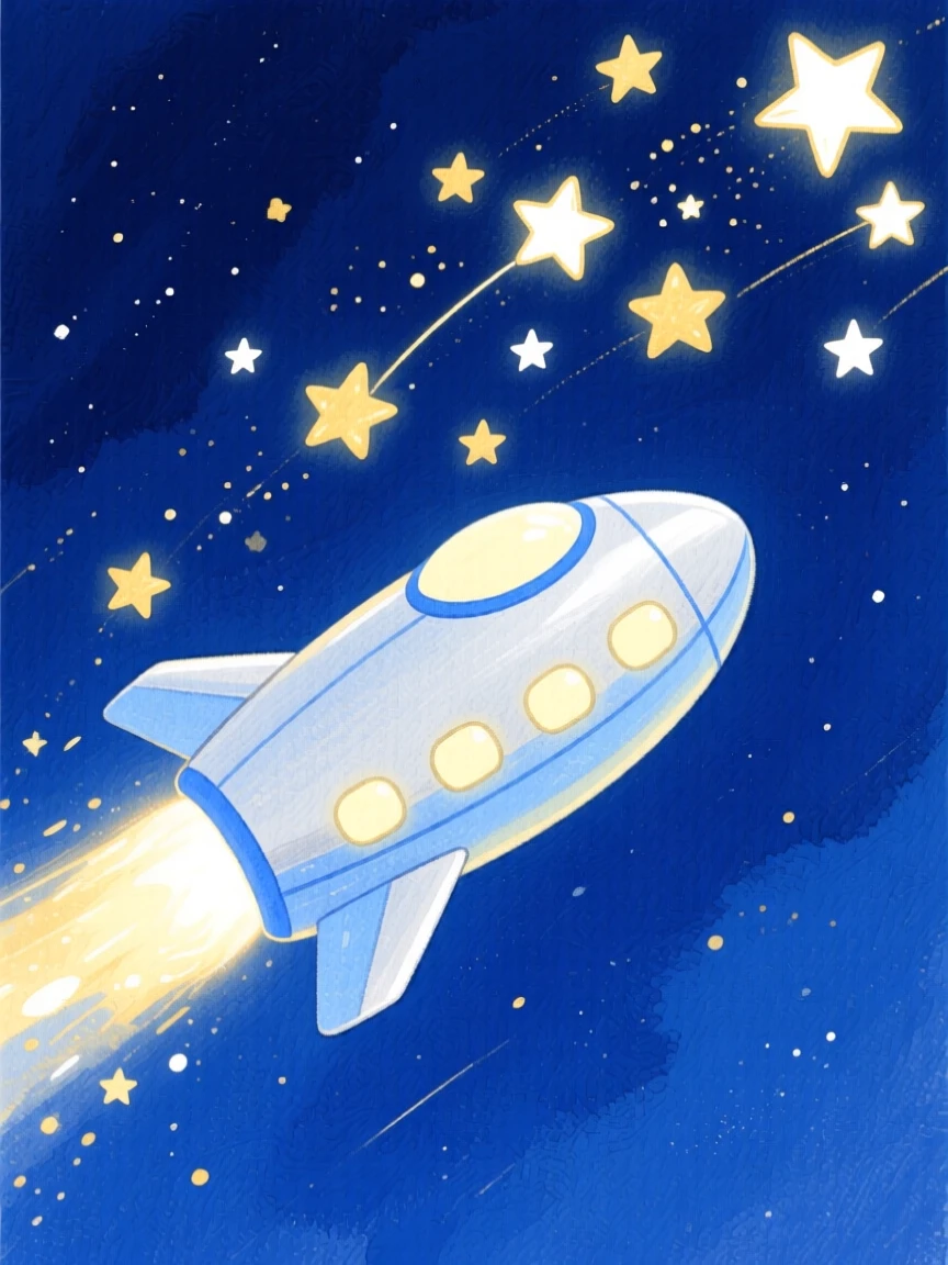 A spaceship gliding past a cluster of shooting stars, full of wonder and discovery.