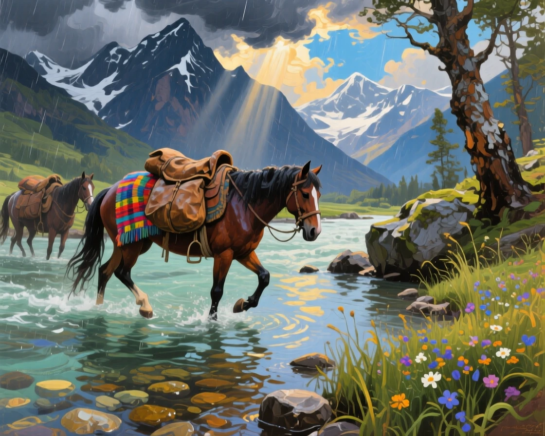 a pack horse crossing a shallow river beneath towering peaks, just after a summer storm, composed along a natural leading line.