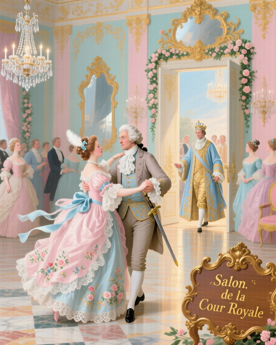 A grand ballroom paused mid-waltz as silk-clad guests turn toward arriving royalty  