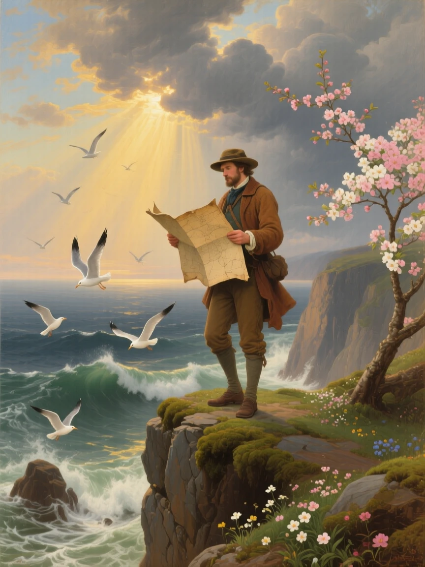 During spring bloom, A solitary traveler on a high coastal cliff, holding a weathered map as seabirds wheel below, surrounded by a vast storm-cleared ocean, sunbeams breaking through distant clouds; flowering branches sweep across one side of the composition, the scene celebrates renewal and tenderness.