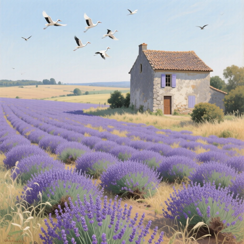 A vast field of blooming lavender rolling toward a distant stone farmhouse, as birds circle gracefully overhead, capturing the raw power and quiet majesty of untouched nature