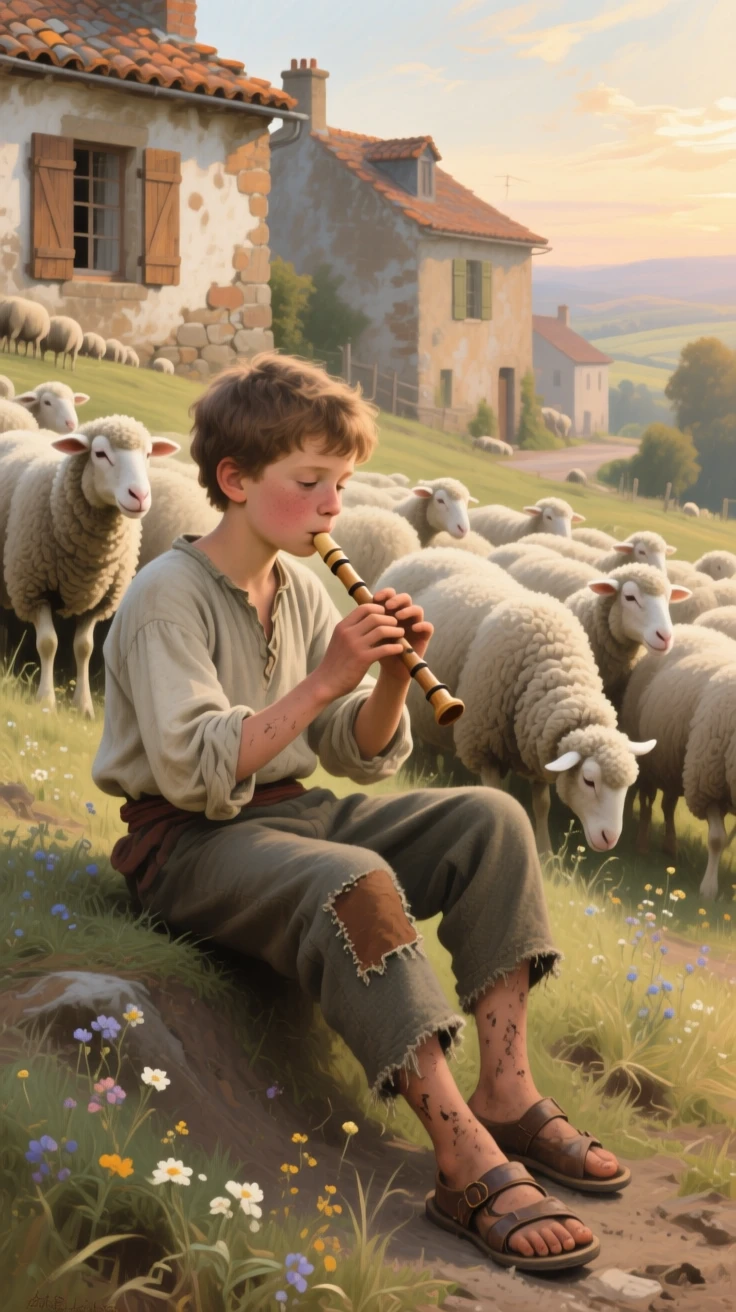 A shepherd boy playing a simple flute among his grazing flock at the gentle heart of a simple daily ritual, set within a sunlit rural village at the start of a new day, with worn hands, simple clothing, and the honest textures of daily labor; warm natural light elevates a humble scene into something timeless, filled with gentle humor, warmth, and community spirit.