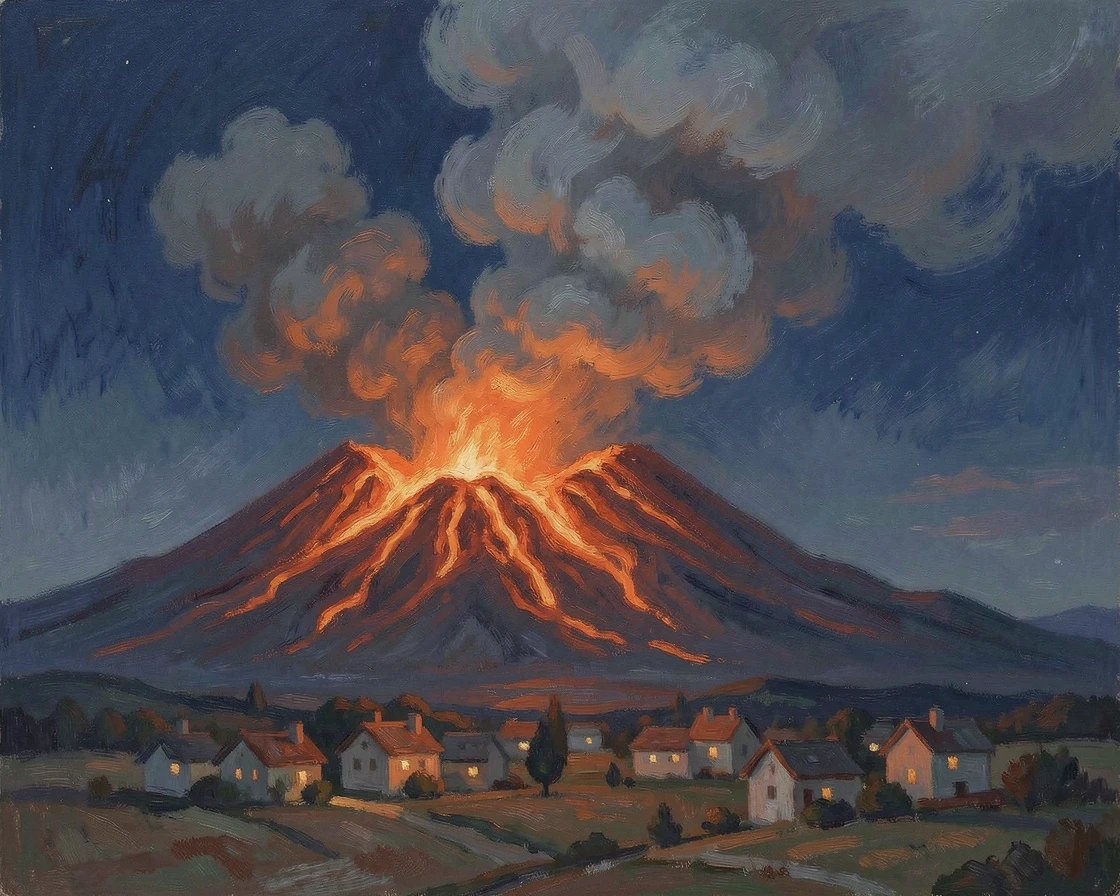 A volcanic eruption glowing orange against a night sky, ash plumes rising above a distant village.