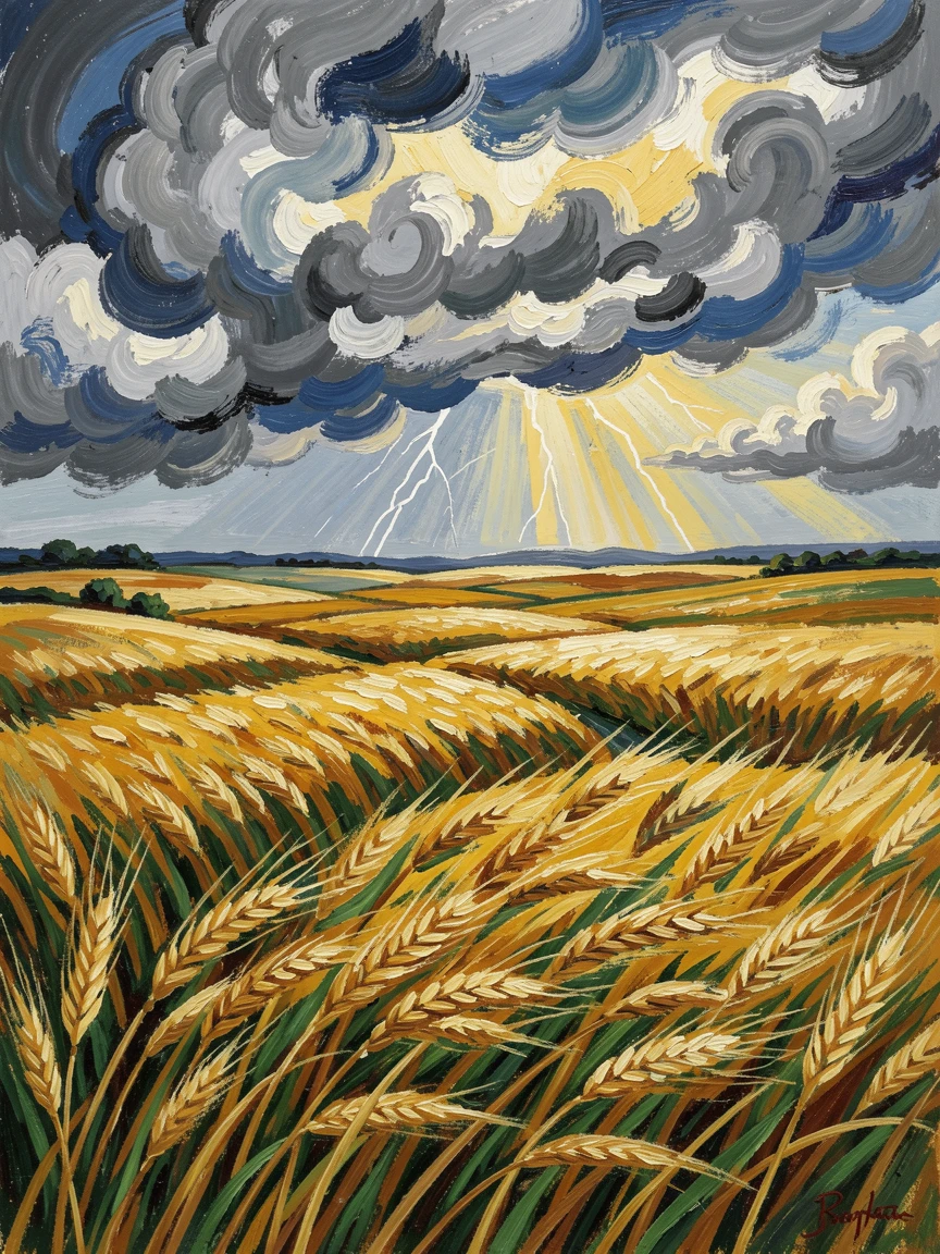Rolling wheat fields swaying in the wind beneath a sky filled with dramatic thunderclouds.
