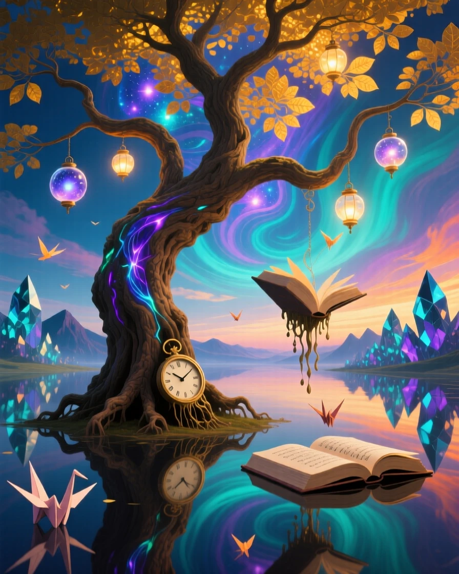 A tree whose branches end in small glowing lanterns sways gently though no wind can be felt, while soft light filters gently through its leaves.