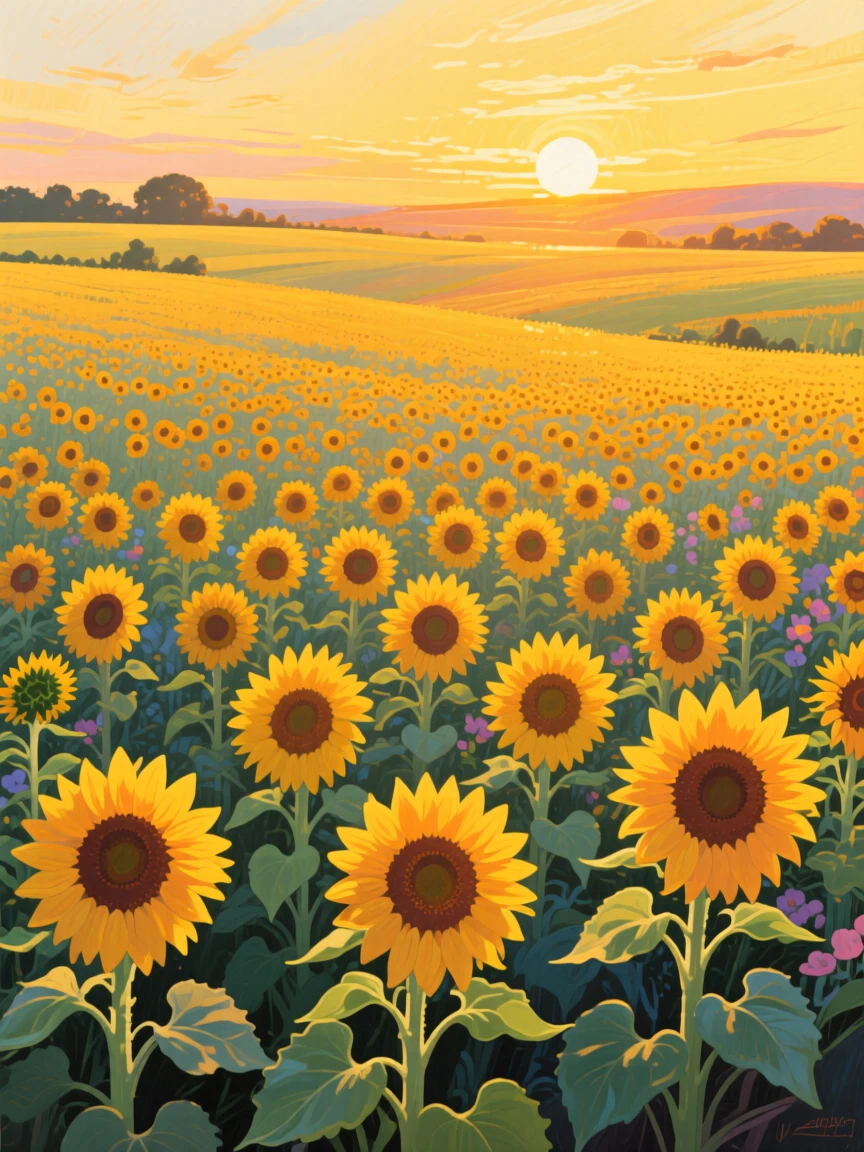 A field of blooming sunflowers stretching to the horizon, all facing the same direction toward a golden afternoon sun