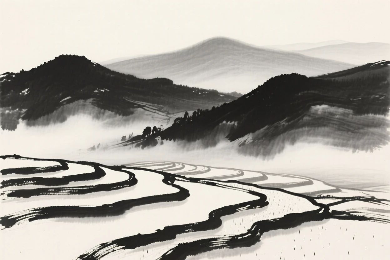 a rolling range of hills, emerging from morning haze, with terraced fields spreading below.