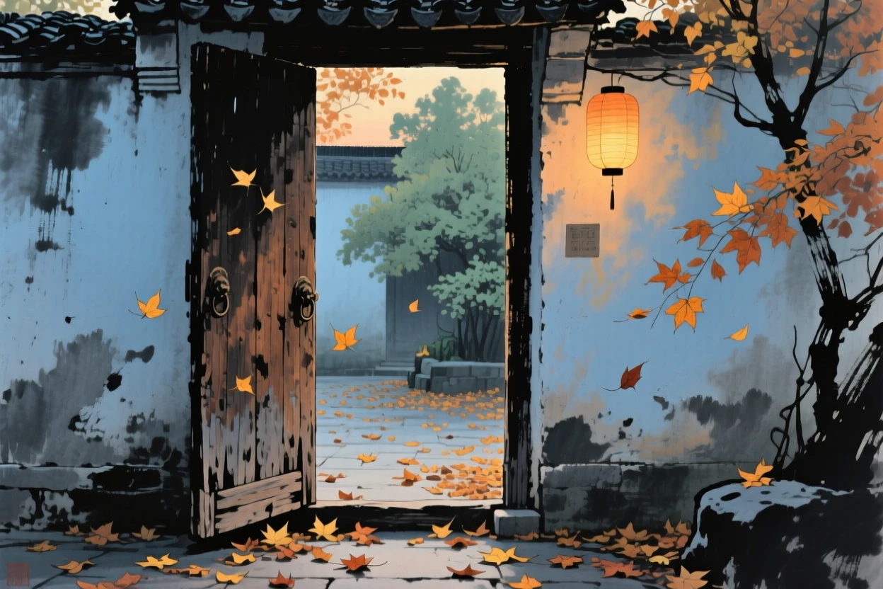 An old wooden door left ajar onto a courtyard of fallen leaves, imbued with timeless calm, at the turn of autumn, as lanterns are lit for the evening.