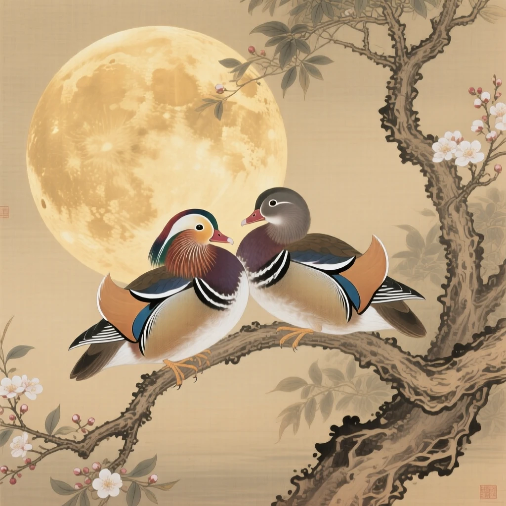 A pair of mandarin ducks silhouetted against a full harvest moon, soft morning light filtering through the branches