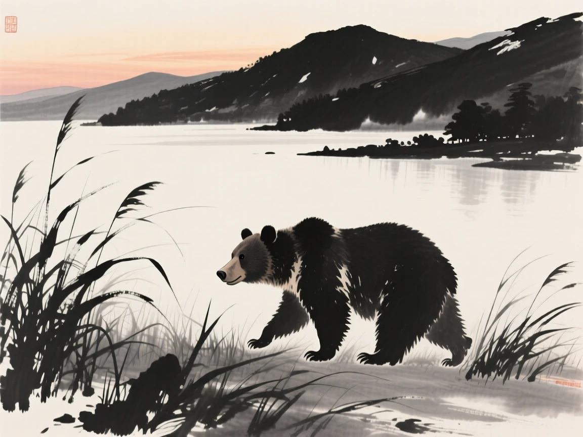 A bear walking through tall grass at dusk beside a tranquil mountain lake, positioned off-center, leaving space for the quiet landscape around it, conveying quiet strength and natural grace.