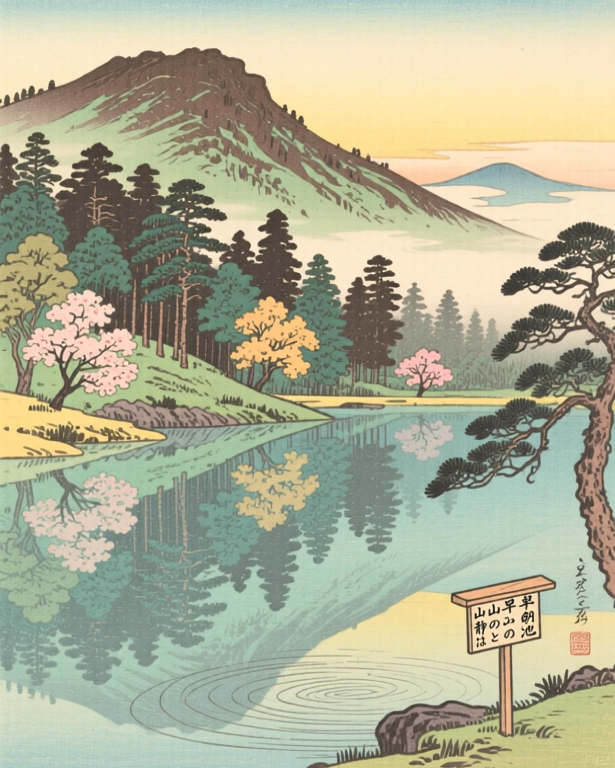 A forested mountain slope, reflected in a calm mountain pond, in the soft glow of early morning.