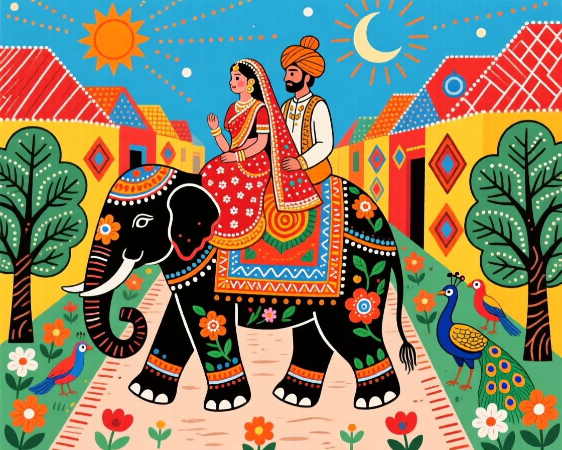 A decorated elephant carrying a bride and groom through a festive village lane.